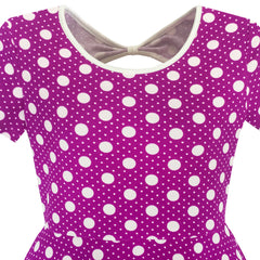 Girls Dress Purple White Dot Back Cutout Back School Dress Size 4-12 Years