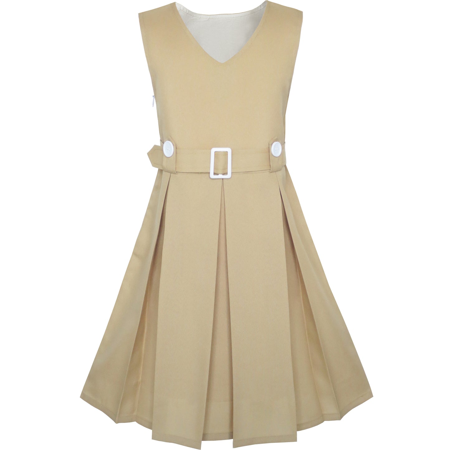 Girls Dress Khaki Button Back School Pleated Hem Size 6-14 Years