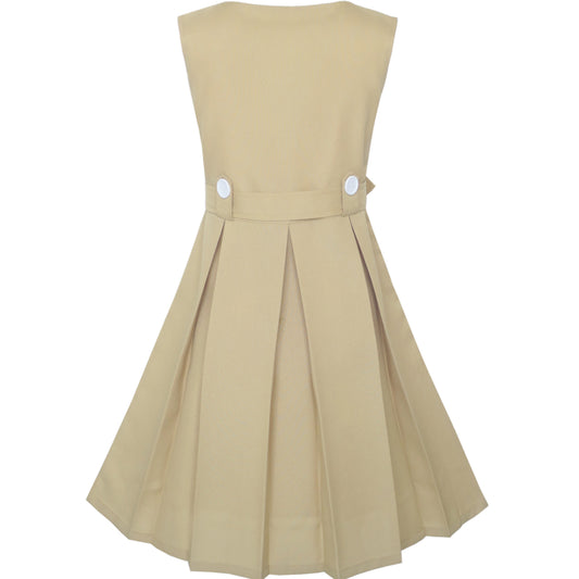 Girls Dress Khaki Button Back School Pleated Hem Size 6-14 Years