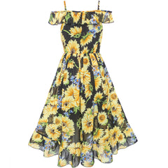 Girls Dress Chiffon Sunflower Ruffle Cold Shoulder Maxi Dress Size 5-12 Years
