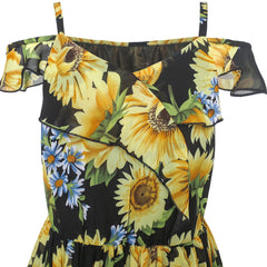 Girls Dress Chiffon Sunflower Ruffle Cold Shoulder Maxi Dress Size 5-12 Years