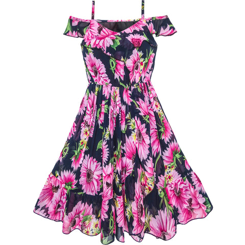 Girls Dress Chiffon Pink Sunflower Cold Shoulder Maxi Dress Size 5-12 Years