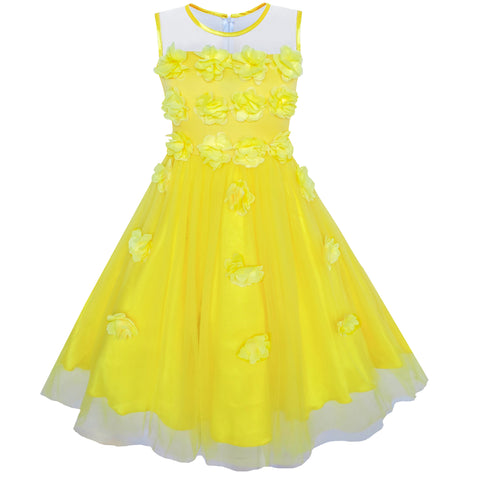 Girls Dress Yellow Dimensional Flower Bridesmaid Wedding Dress Size 5-12 Years
