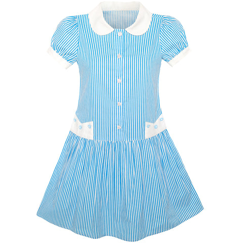 Girls Dress Blue White Stripe Collar School Short Sleeve Size 5-12 Years