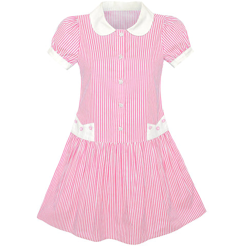 Girls Dress Pink White Stripe Collar School Short Sleeve Size 5-12 Years