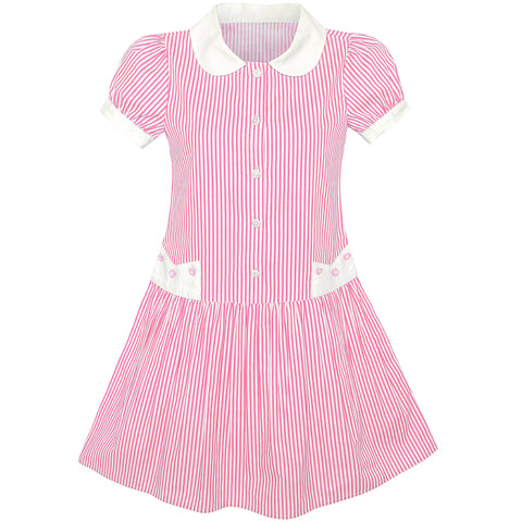 Girls Dress Pink White Stripe Collar School Short Sleeve Size 5-12 Years