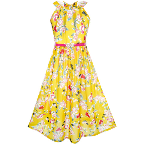 Girls Dress Yellow Floral Red Belt Chiffon Party Maxi Dress Size 6-14 Years