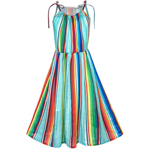 Girls Dress Chiffon Colorful Stripe Sparkling Party Size 7-14 Years