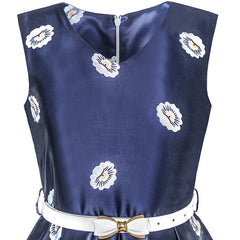 Girls Dress Deep Blue Flower Belt Vintage Party Size 6-14 Years