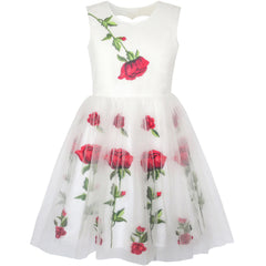 Girls Dress White Rose Flower Embroidery Heart Shape Back Wedding Size 7-14 Years