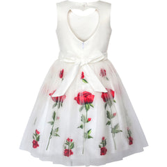 Girls Dress White Rose Flower Embroidery Heart Shape Back Wedding Size 7-14 Years