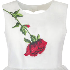 Girls Dress White Rose Flower Embroidery Heart Shape Back Wedding Size 7-14 Years