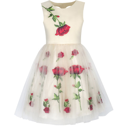 Girls Dress Champagne Rose Flower Embroidery Heart Shape Back Size 7-14 Years