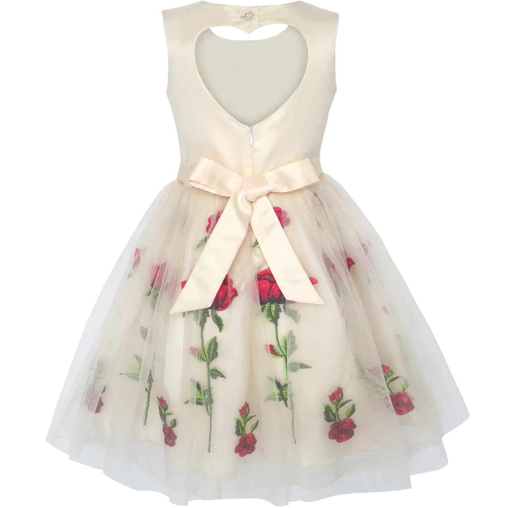 Girls Dress Champagne Rose Flower Embroidery Heart Shape Back – Sunny ...