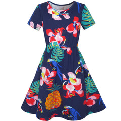 Girls Dress Pineapple Leaf Flower Parrot Print Tropical Size 4-8 Years