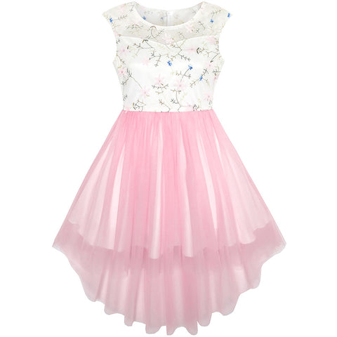Flower Girls Dress Pink Lace Embroidered Wedding Bridesmaid Size 3-14 Years