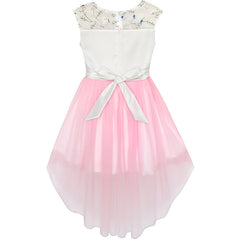 Flower Girls Dress Pink Lace Embroidered Wedding Bridesmaid Size 3-14 Years