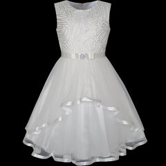 Flower Girls Dress Off White Belted Wedding Party Bridesmaid Size 4-12 Years