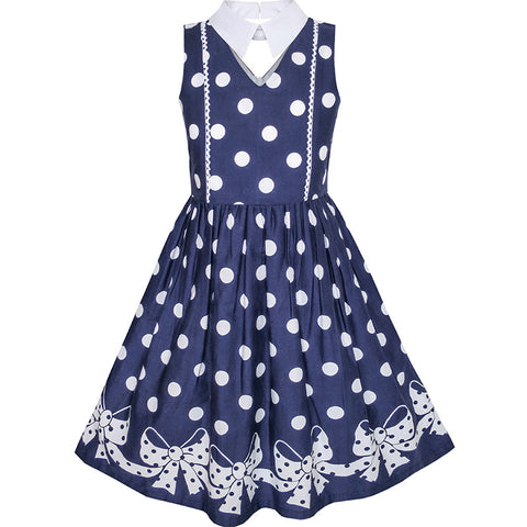 Girls Dress Blue White Polka Dot Bow Tie Collar School Size 6-14 Years