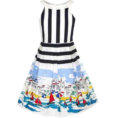 Girls Dress Ocean Sailboat Print Striped Halter Dress Size 6-14 Years