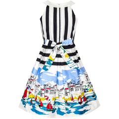 Girls Dress Ocean Sailboat Print Striped Halter Dress Size 6-14 Years