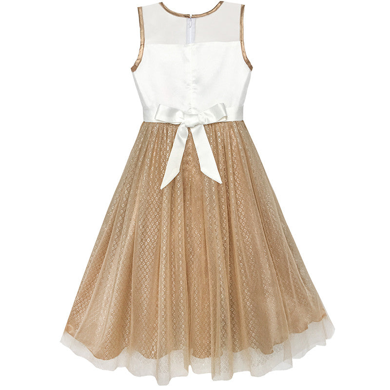 Flower Girls Dress Illusion Yoke Pageant Coffe Wedding Party Size 6-14 Years
