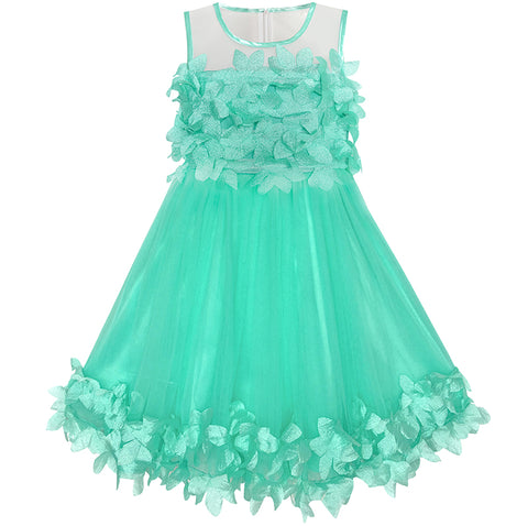 Girls Dress Turquoise Dimensional Flower Birthday Wedding Dress Size 4-10 Years