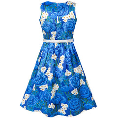 Girls Dress Blue White Flower Belt Sparkling Vintage Party Dress Size 6-14 Years