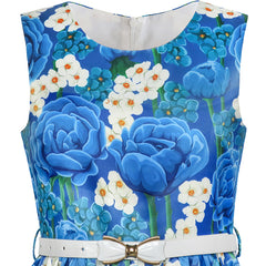 Girls Dress Blue White Flower Belt Sparkling Vintage Party Dress Size 6-14 Years
