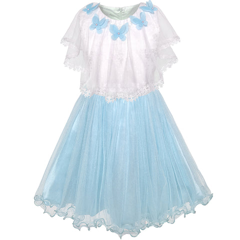 Girls Dress Cape Dress Blue Butterfly Princess Wedding Pageant Size 5-12 Years