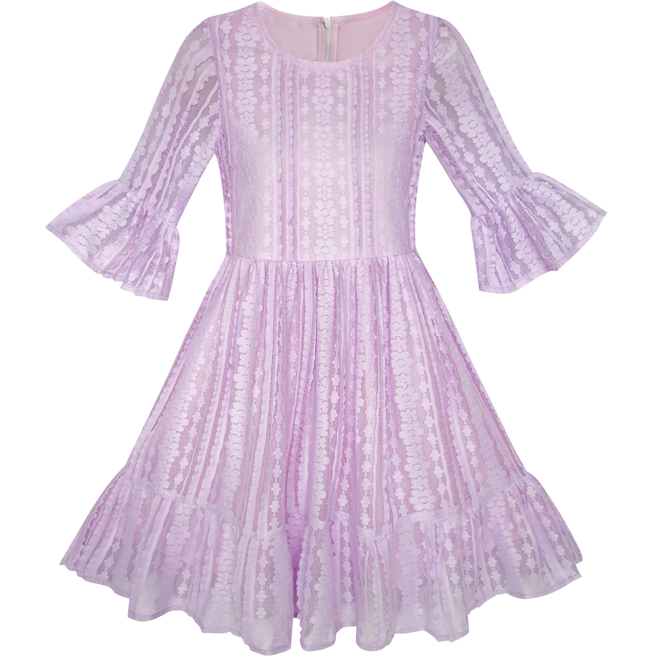 Girls Dress Purple Lotus Sleeve Lace Princess Party Dress Size 5-12 Years