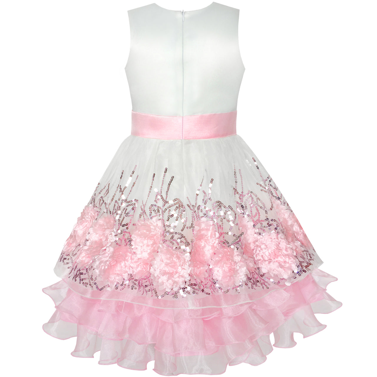 Flower Girls Dress Sequin Dimensional Flowers Bow Tie Pageant Size 7-14 Years