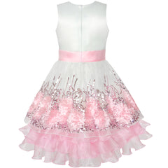 Flower Girls Dress Pink Sequin Dimensional Flowers Bow Tie Pageant Size 7-14 Years