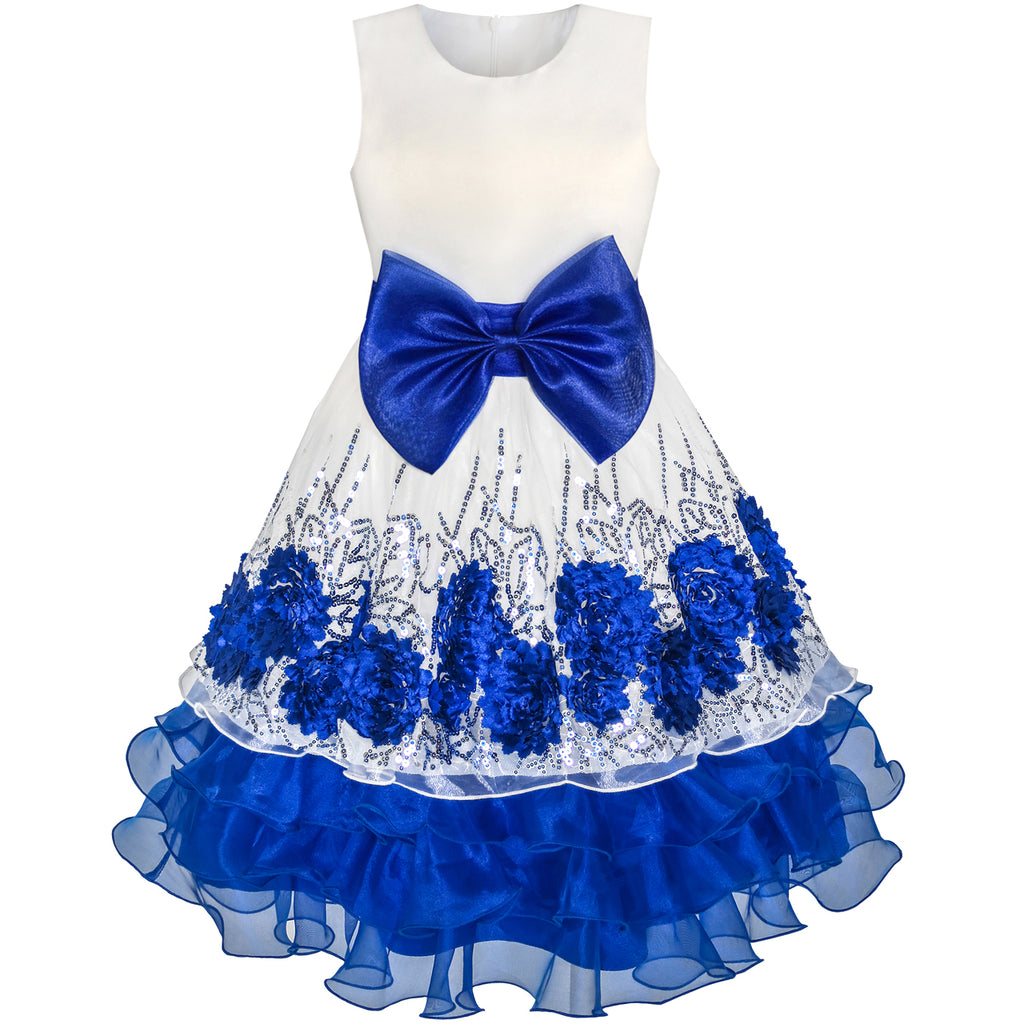 Flower Girls Dress Blue Sequin Dimensional Flowers Bow Tie Pageant Size 7-14 Years