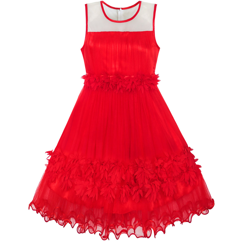 Girls Dress Red Dimensional Flower Birthday Wedding Dress Size 6-12 Years