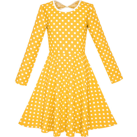 Girls Dress Yellow White Dot Back Cutout Back School Dress Size 4-10 Years