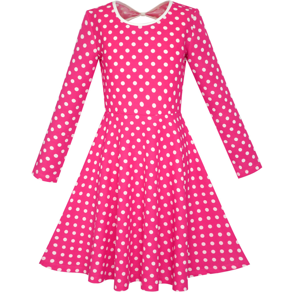 Girls Dress Deep Pink White Dot Back Cutout Back School Dress Size 4-10 Years