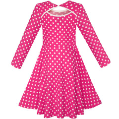 Girls Dress Deep Pink White Dot Back Cutout Back School Dress Size 4-10 Years
