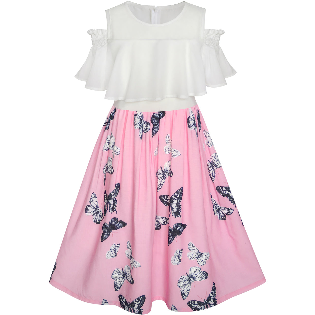 Girls Dress Chiffon Butterfly Ruffle Cold Shoulder Size 4-14 Years