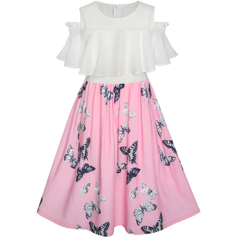 Girls Dress Chiffon Butterfly Ruffle Cold Shoulder White Pink Size 7-14 Years