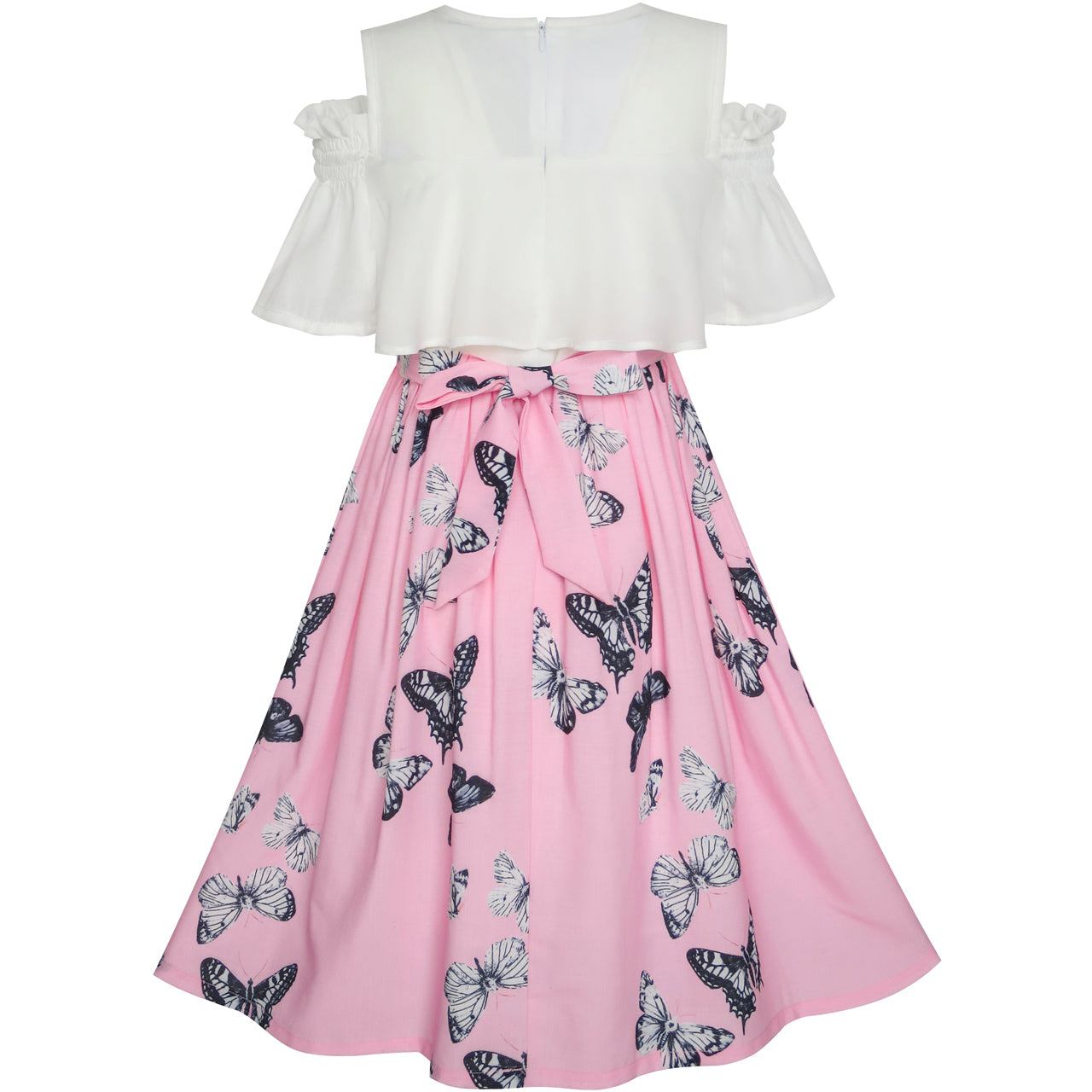 Girls Dress Chiffon Butterfly Ruffle Cold Shoulder Size 4-14 Years