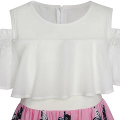 Girls Dress Chiffon Butterfly Ruffle Cold Shoulder White Pink Size 7-14 Years