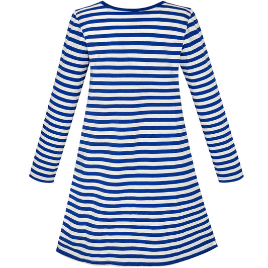 Girls Dress Long Sleeve Cotton Cartoon Sequins Blue Striped Size 4-10 Years