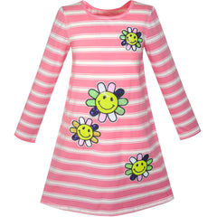 Girls Dress Long Sleeve Cotton Cartoon Sequins Pink Striped Dress Size 5-12 Years