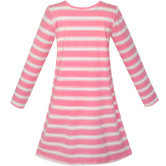Girls Dress Long Sleeve Cotton Cartoon Sequins Pink Striped Dress Size 5-12 Years