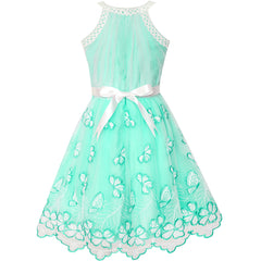Girls Dress Turquoise Butterfly Embroidered Halter Dress Party Size 5-12 Years