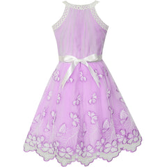 Girls Dress Purple Butterfly Embroidered Halter Dress Party Size 5-12 Years