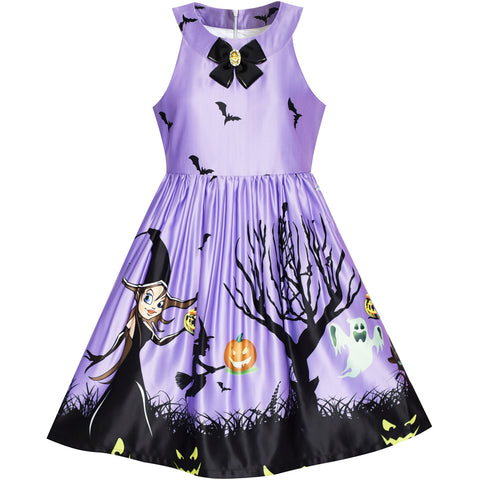 Girls Dress Halloween Witch Bat Pumpkin Costume Purple Dress Size 7-14 Years