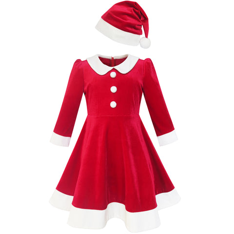Girls Dress Christmas Hat Red Velvet Long Sleeve Holiday Size 4-14 Years