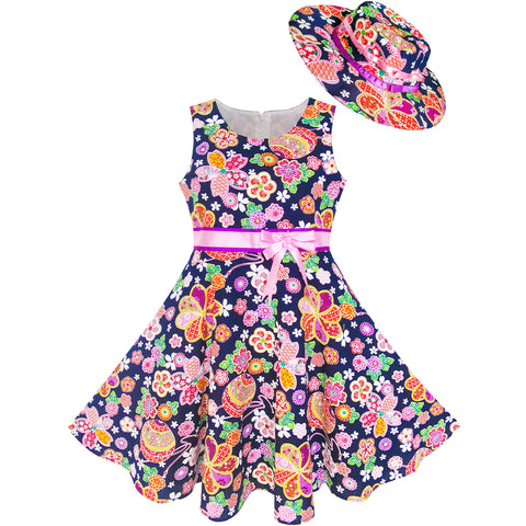 Girls Dress Hat Pink Flower Beach Party Size 4-12 Years